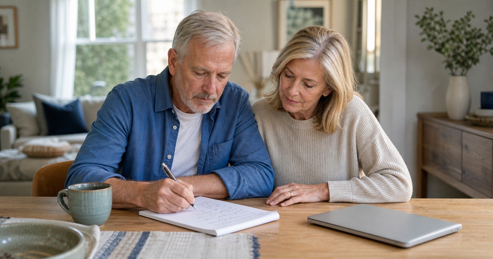A couple in their early sixties at a dining table, one writing figures on a notepad with a closed laptop to the side, soft afternoon light.