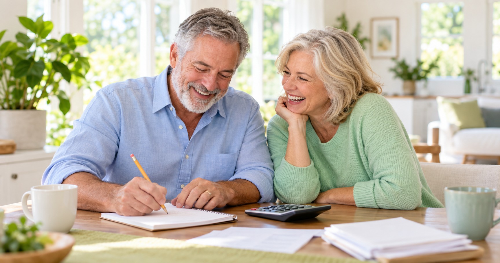 A couple in their early sixties laughing together at a bright dining table while working through figures on a notepad.