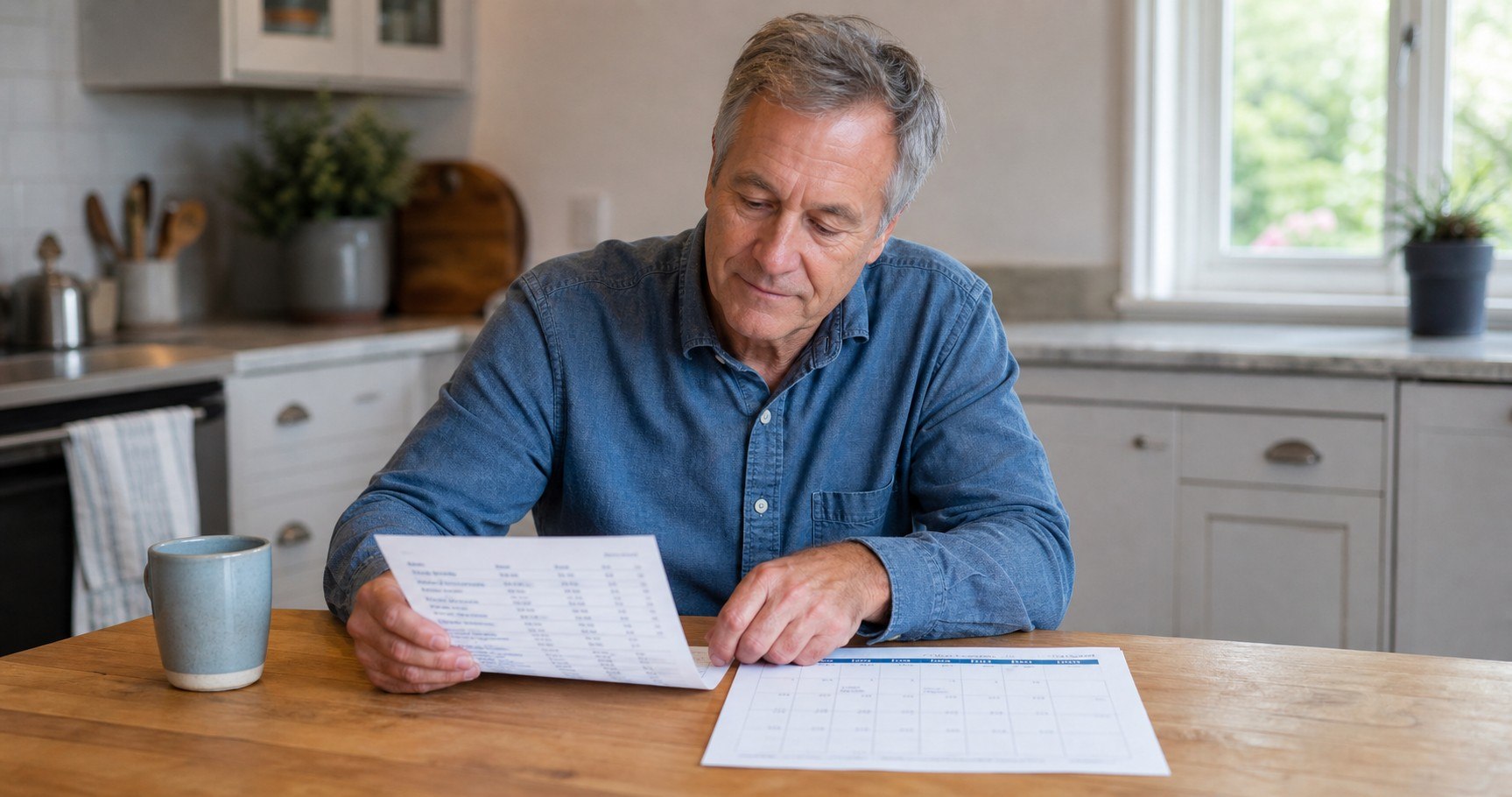 A man in his early sixties at a kitchen table in soft morning light, reviewing a sheet of benefit figures beside a calendar page and a cup of coffee.