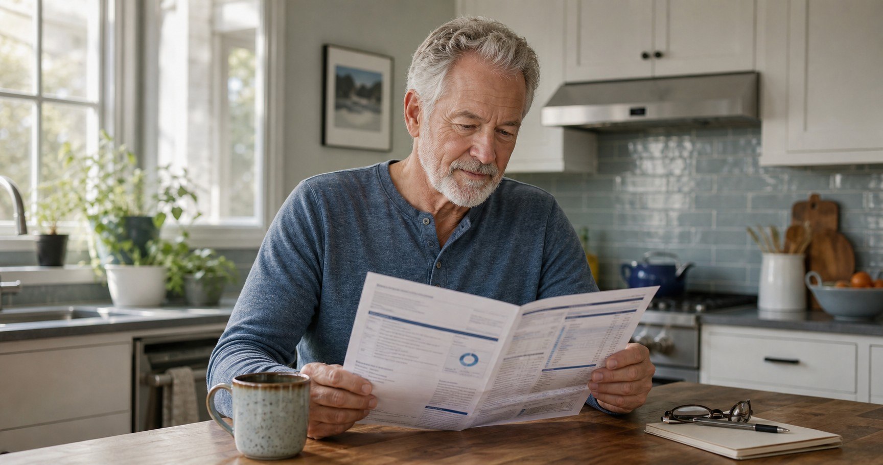 A man around sixty-five at a sunlit kitchen counter with morning coffee, reading an open benefits statement, soft natural light.