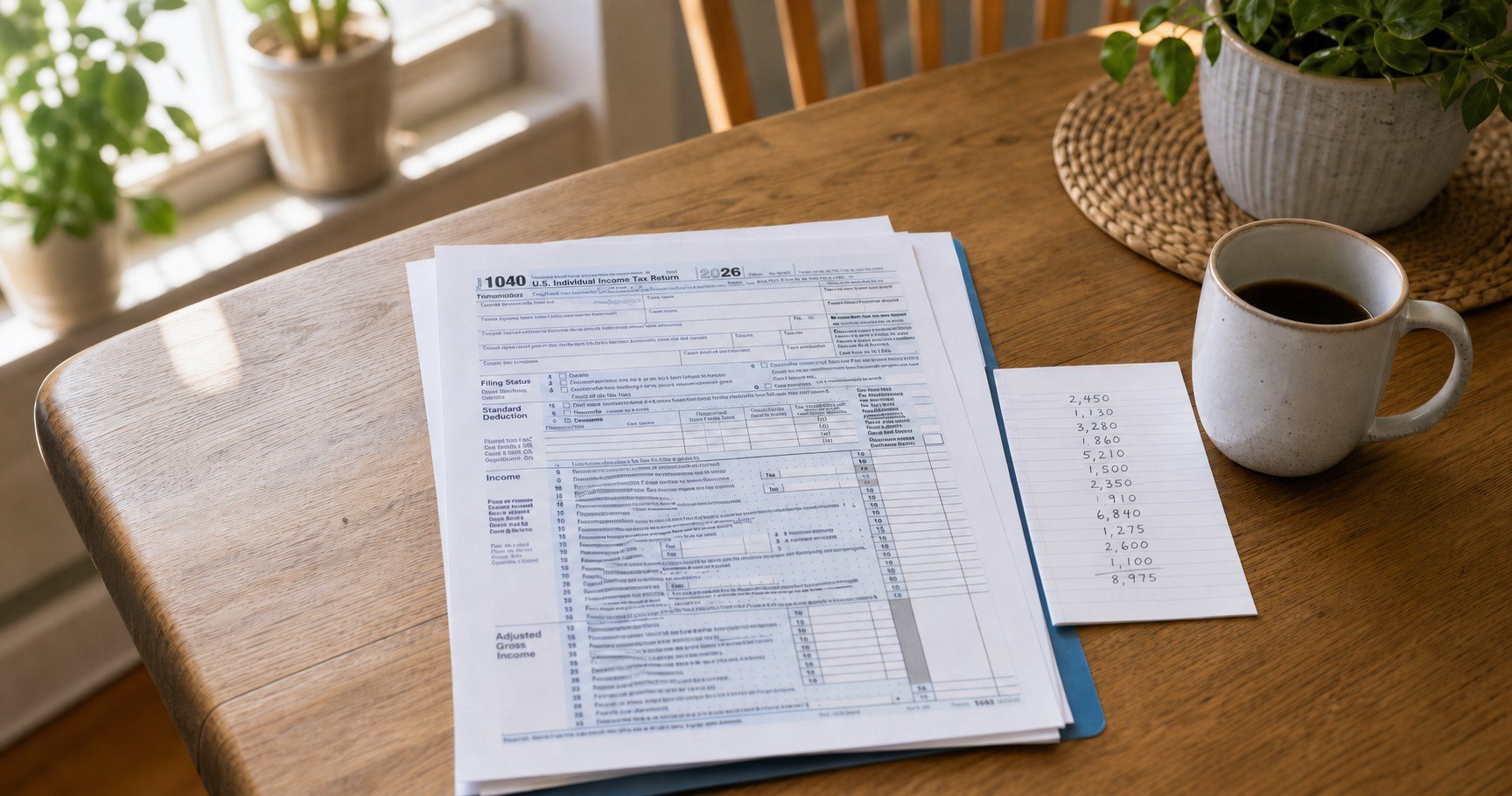 A Form 1040 return on a kitchen table beside a handwritten column of figures and a cup of coffee, in soft morning light.