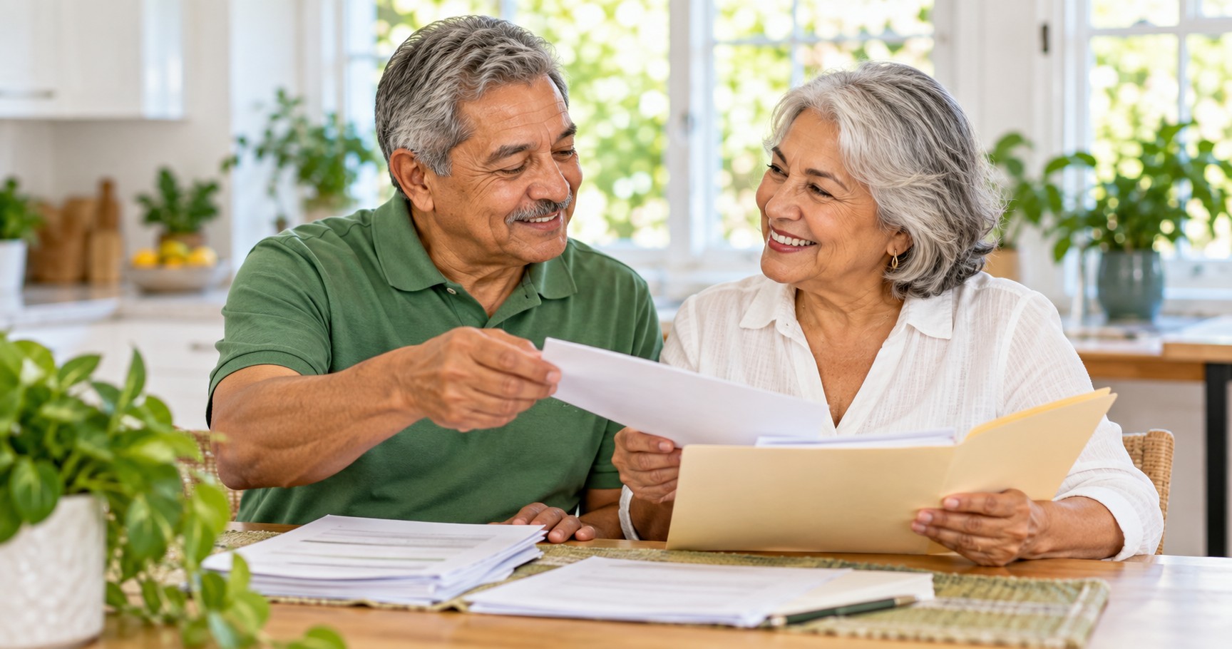 A couple around seventy smiling as they file papers into a folder at a bright kitchen table.