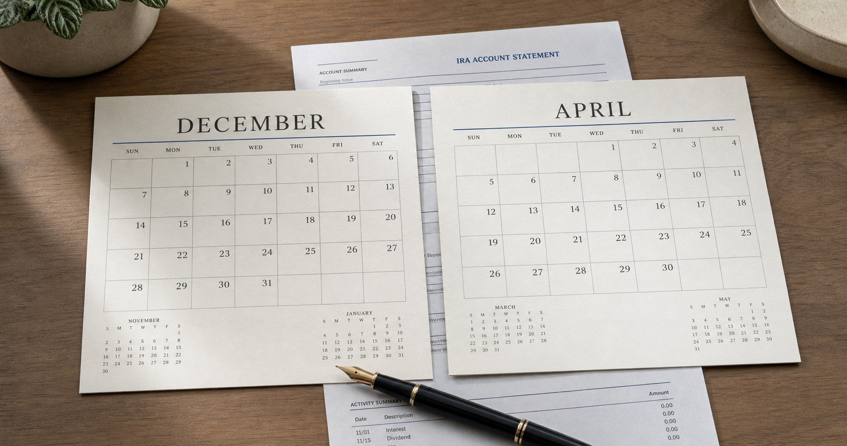 December and April calendar pages lying over an IRA account statement, with a fountain pen resting on the December page.