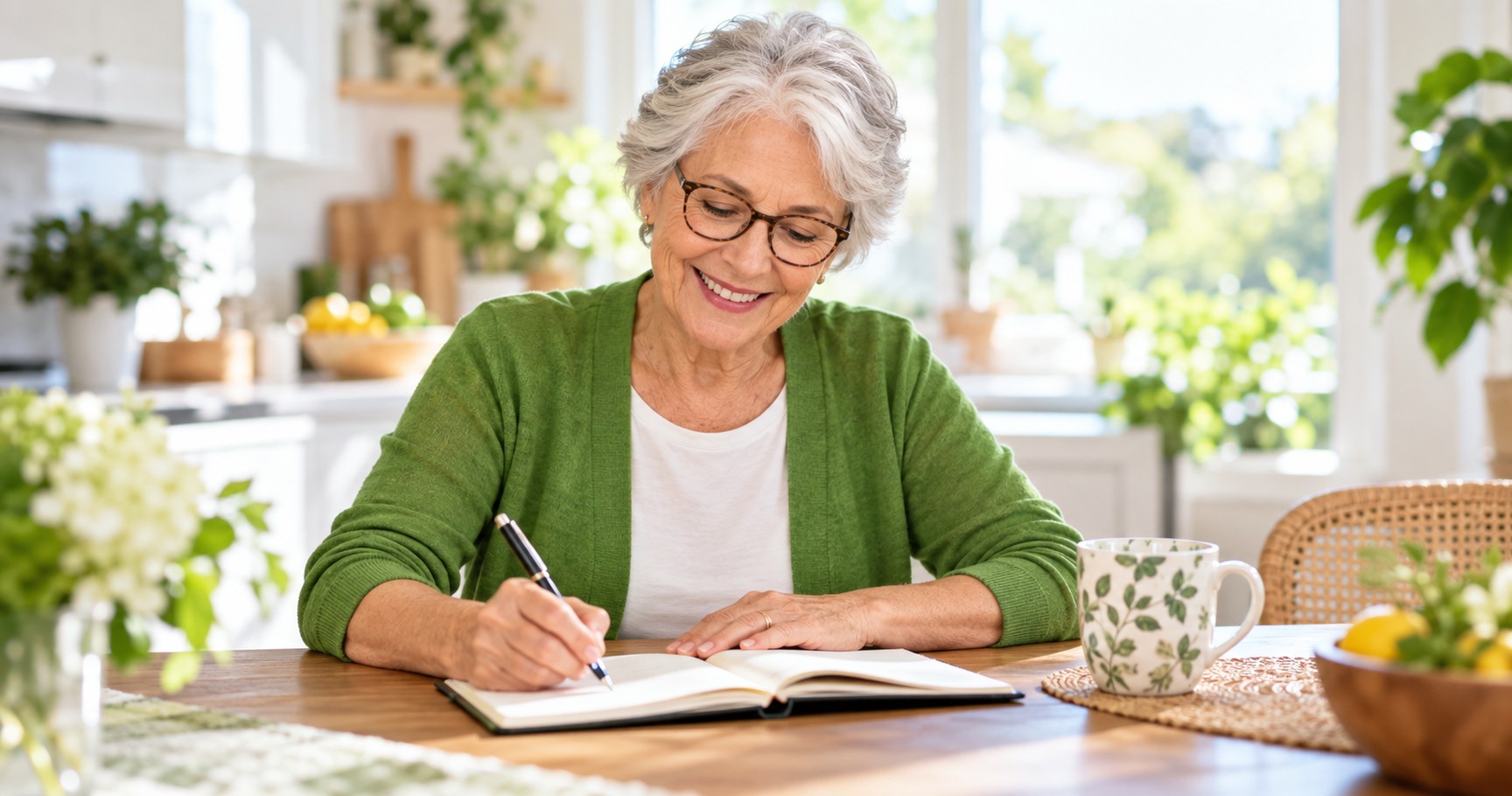 A woman in her seventies smiling as she writes in a planner at a bright kitchen table.