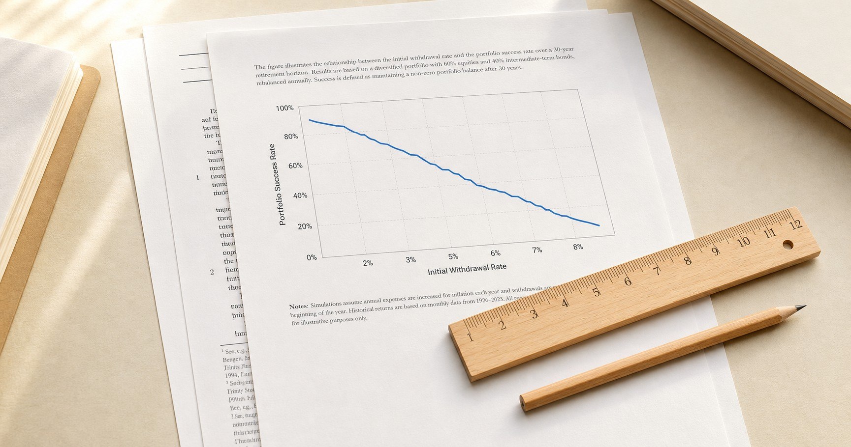 Printed withdrawal-rate research pages showing a chart of portfolio success rates, with a wooden ruler and a pencil laid across them.
