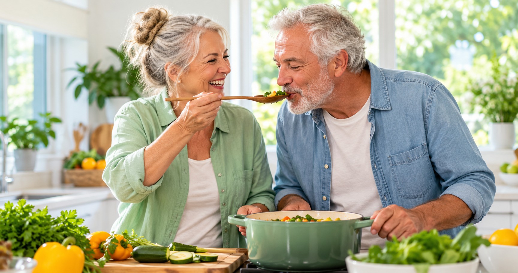 A couple in their sixties laughing while cooking together in a bright kitchen.