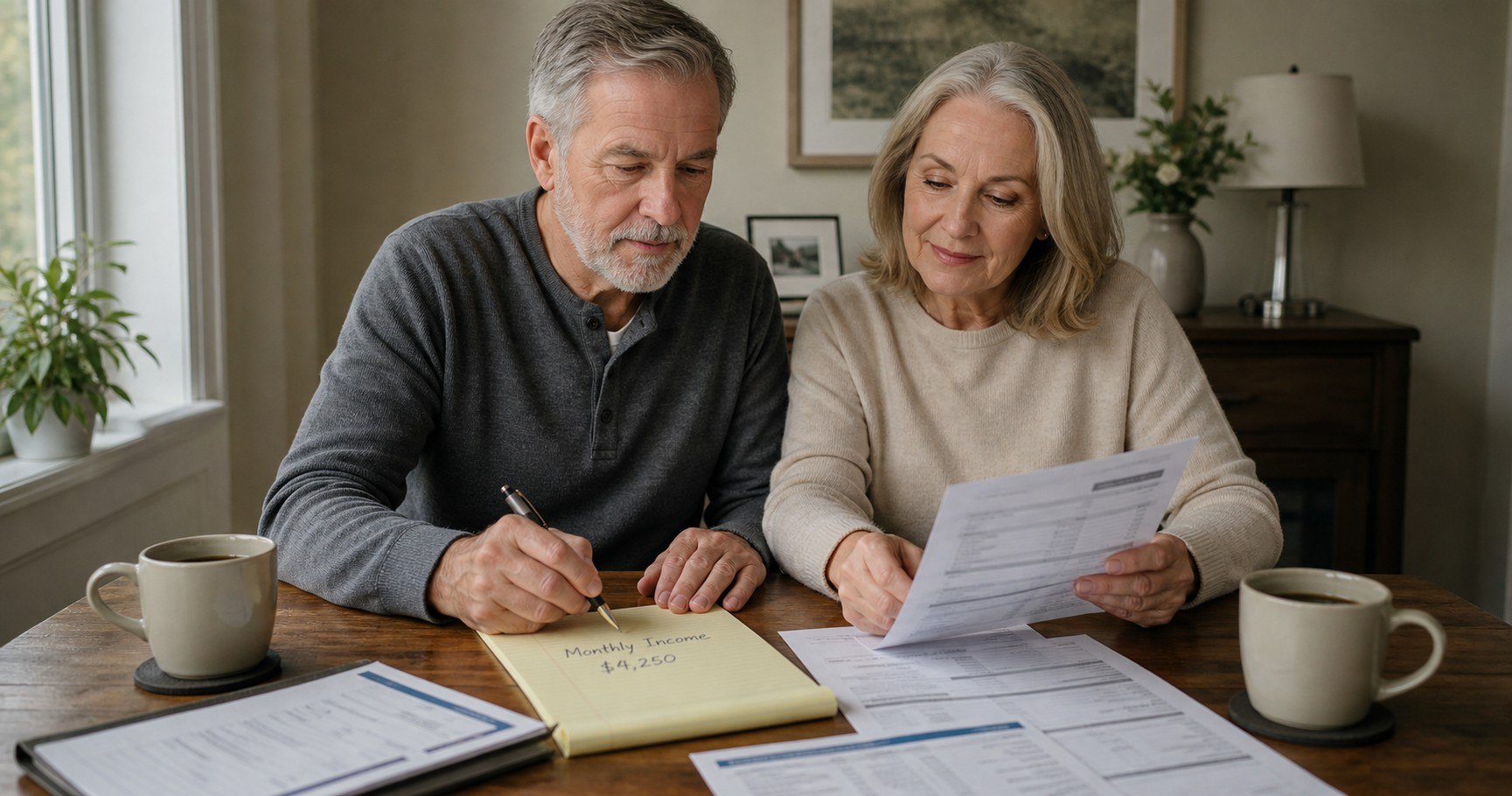 A couple at a table working through an income plan — one writing a monthly income figure on a legal pad, the other reading a statement, coffee cups at each side.