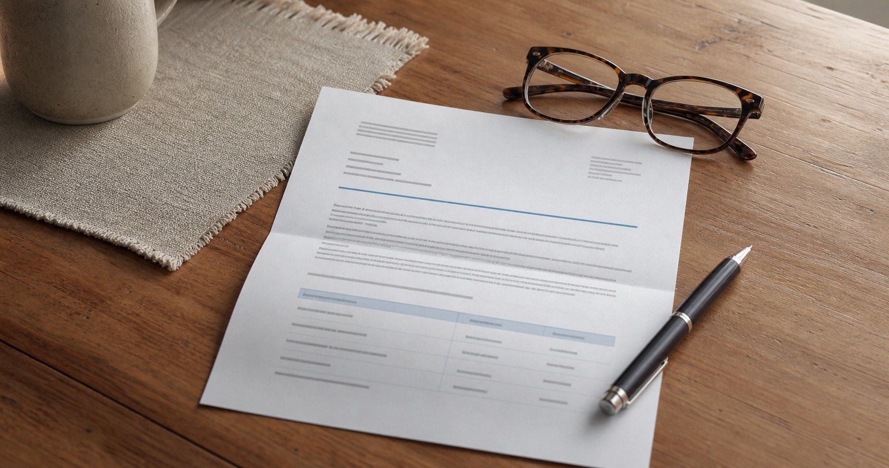 A benefits letter on a home desk beside reading glasses and a pen, soft daylight.