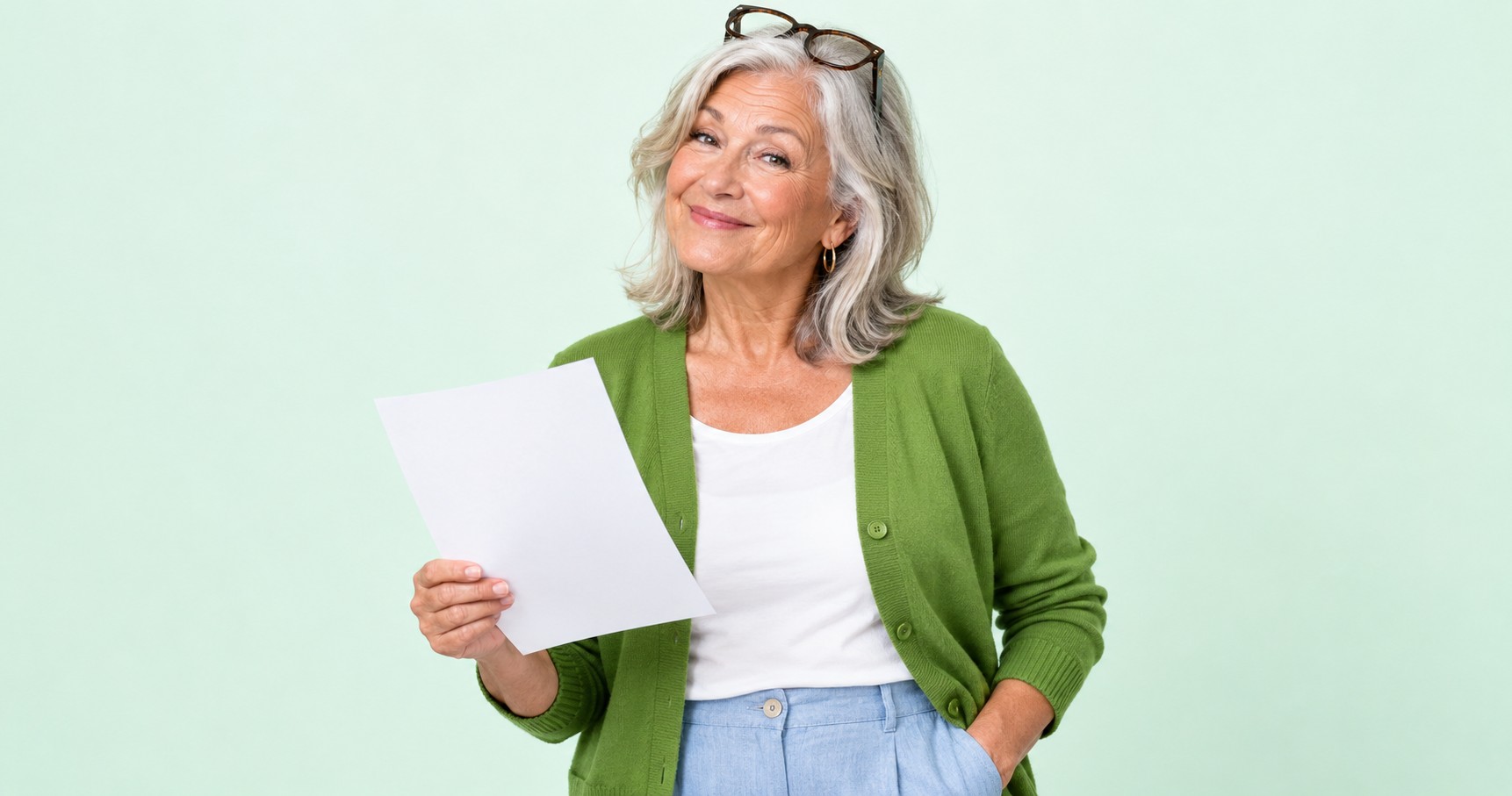 A smiling woman in her late sixties in a green cardigan holding a sheet of paper against a soft mint background.