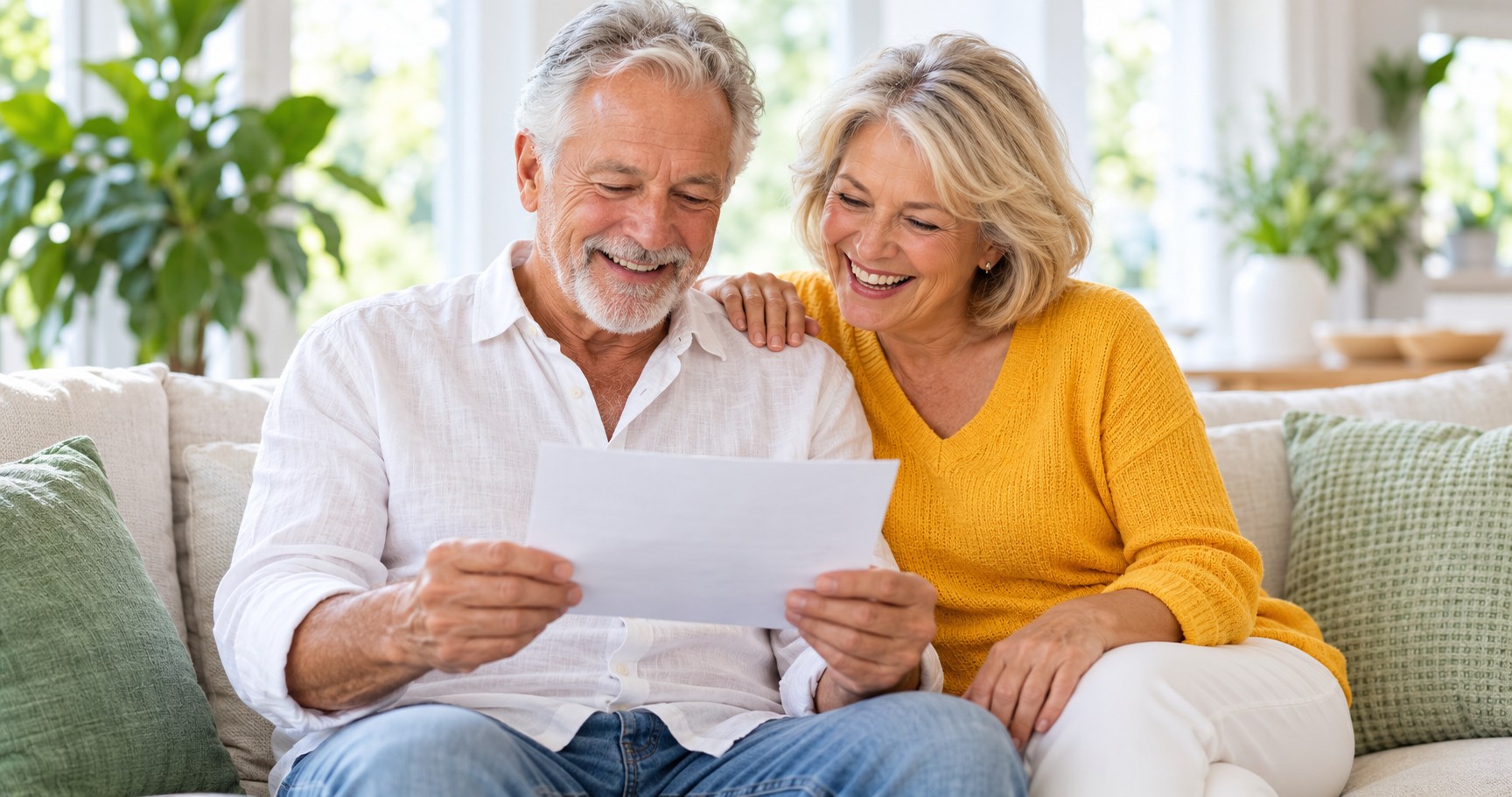 A couple in their late sixties reading a letter together and laughing in a bright living room.