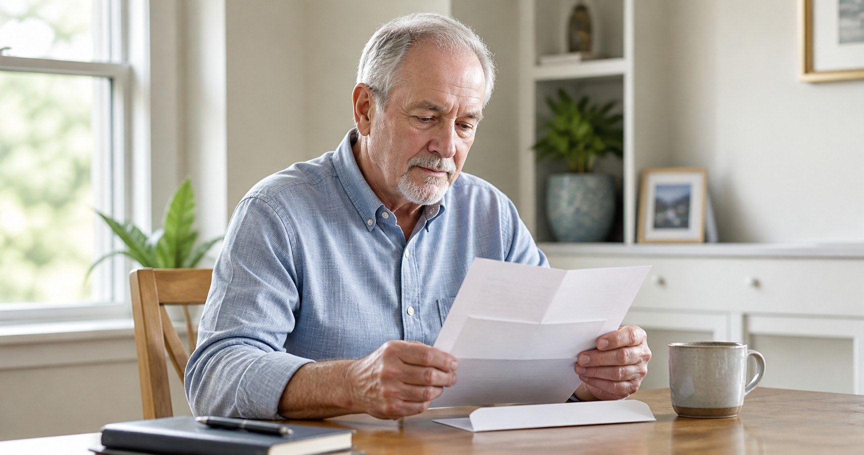 A retiree reading a Medicare enrollment letter at a home desk with a mug of coffee, in natural window light.