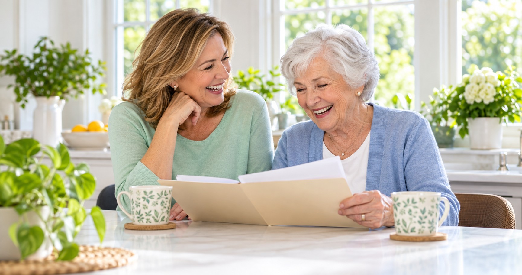 An adult daughter and her elderly mother laughing together over a folder of papers at a bright kitchen table.