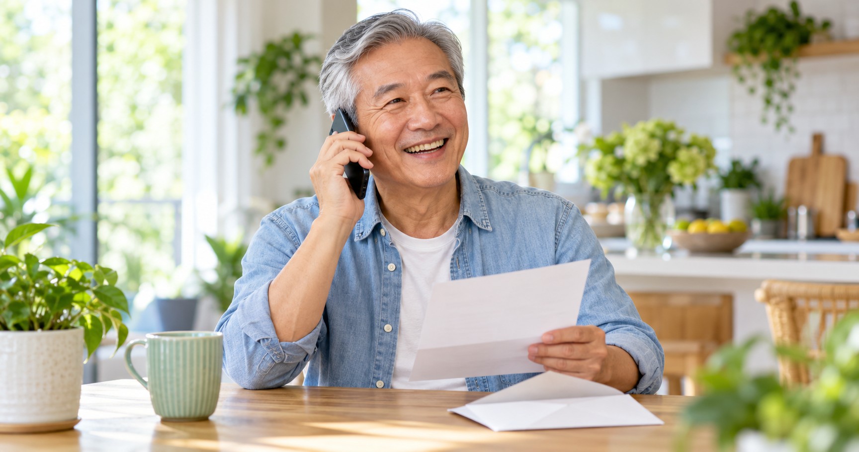 A man in his sixties smiling on a phone call at a bright kitchen table with an opened letter.