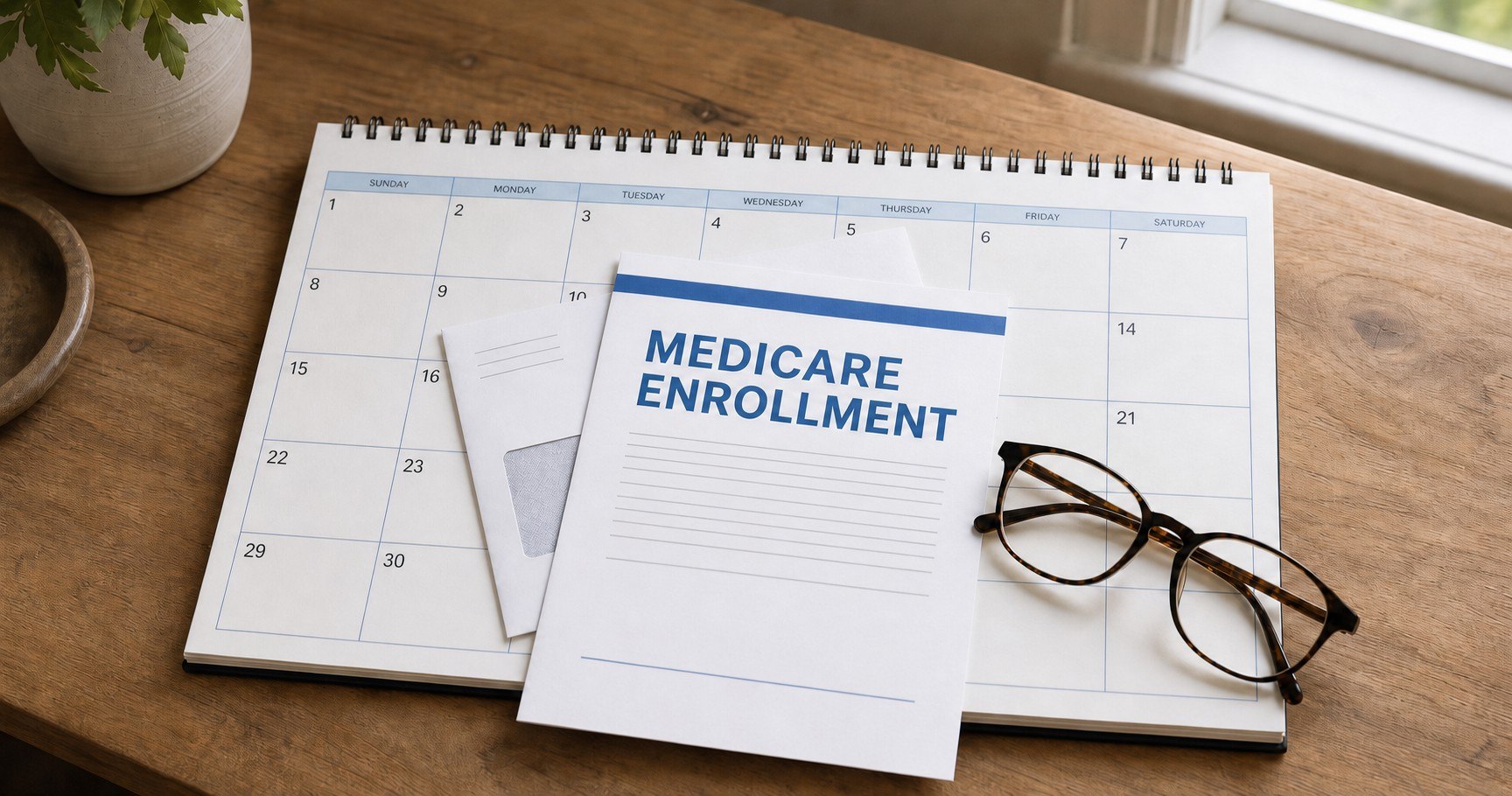 A Medicare enrollment letter resting on a monthly desk calendar with reading glasses nearby, by a bright window.