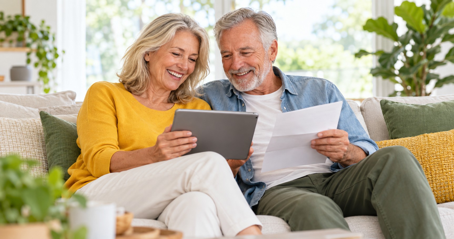 A couple in their mid-sixties relaxing on a sofa in a bright living room, smiling at a tablet together.
