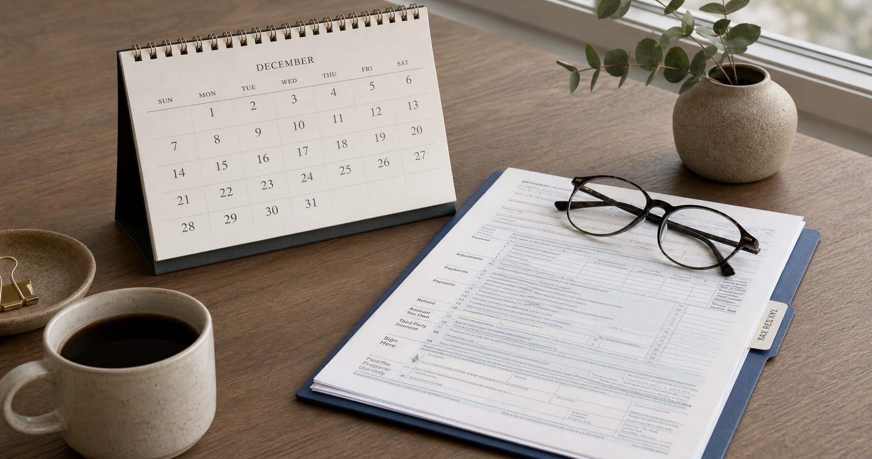 A paper desk calendar open to December beside a tax form and reading glasses on a wood desk, soft window light.