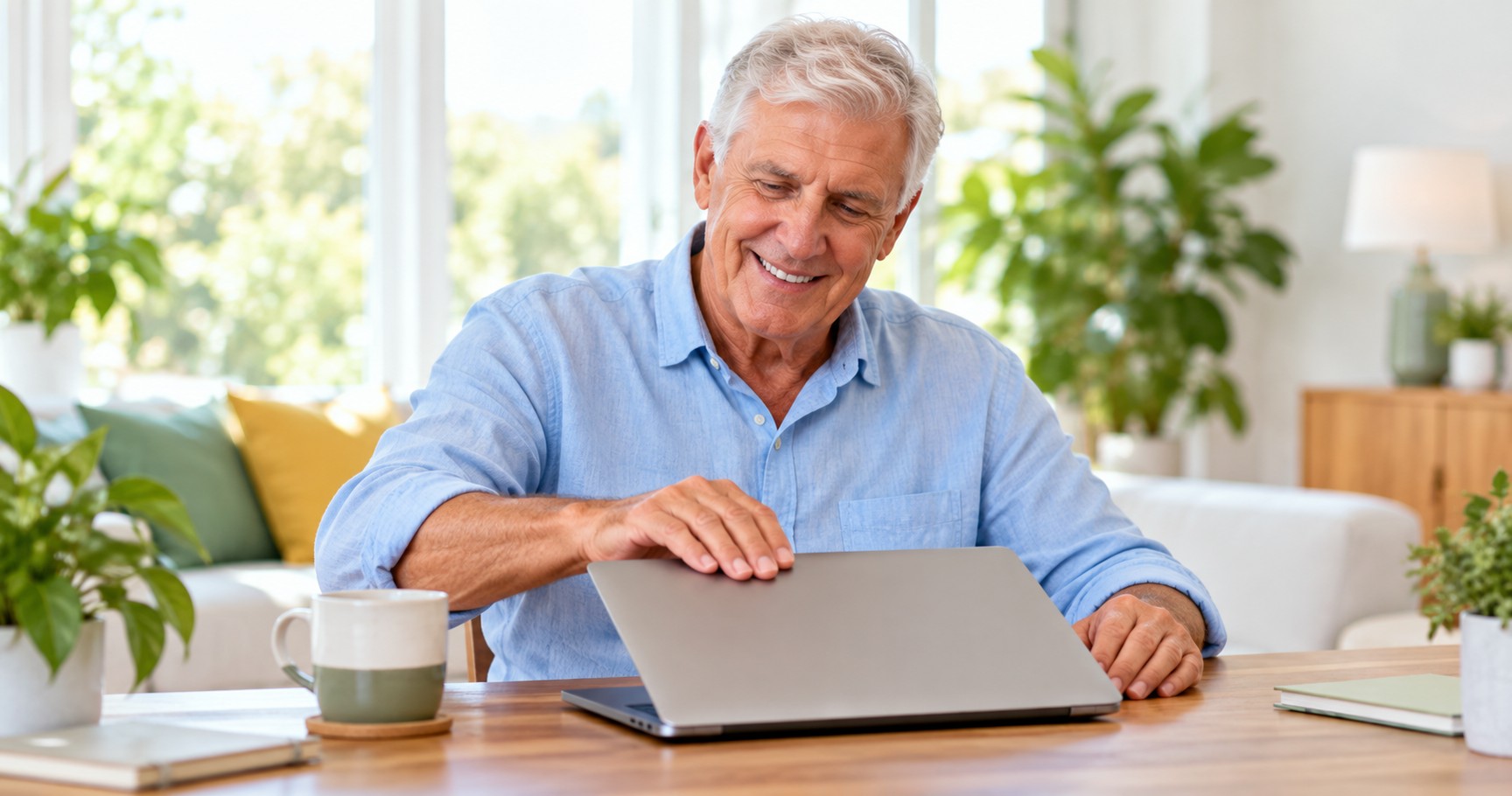 A man in his seventies closing a laptop with a relieved smile at a bright home desk.