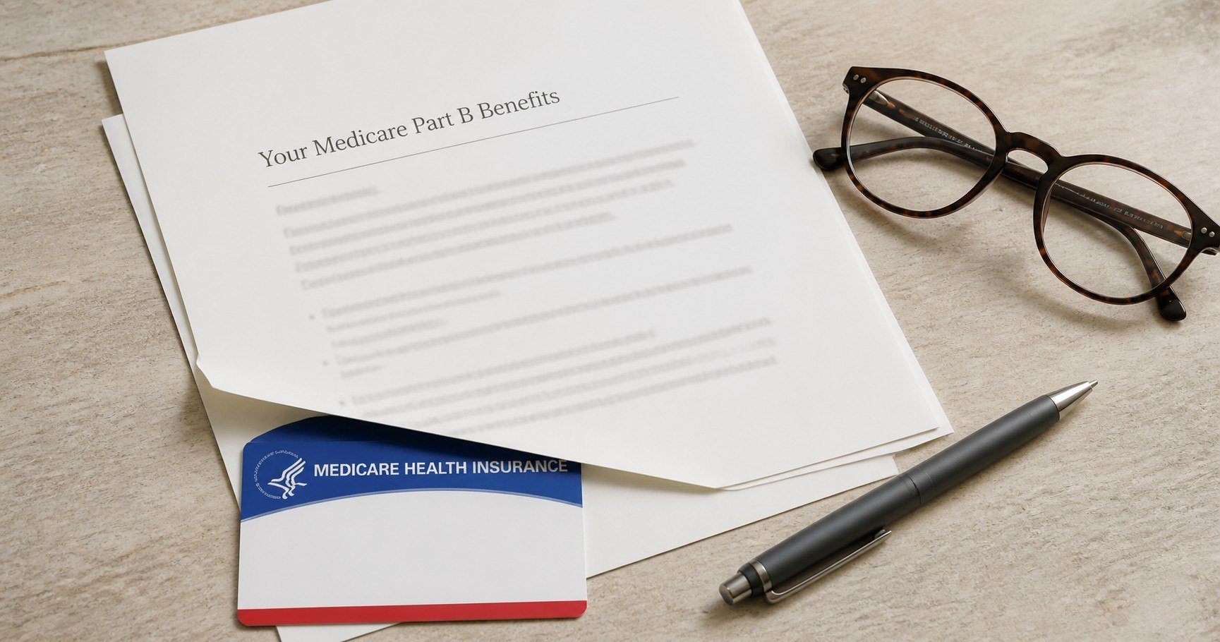 A Medicare card beneath a paper titled Your Medicare Part B Benefits, with reading glasses and a pen on a neutral surface.