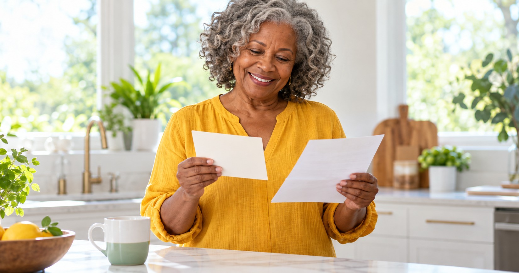 A woman in her sixties smiling at a bright kitchen counter while holding a card and a letter.