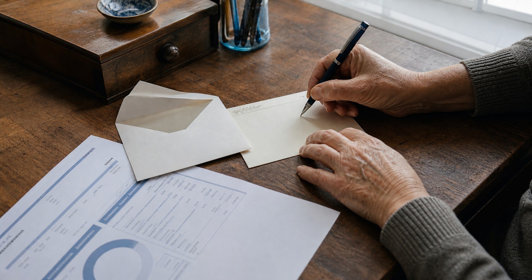 Hands of an older adult writing a note at a home desk beside an open envelope and an account statement, soft window light.