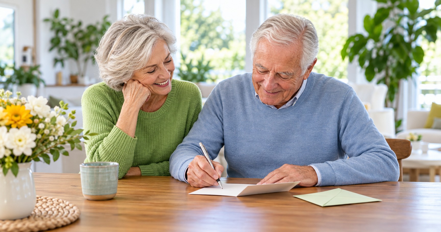 A couple in their seventies smiling as they sign a greeting card together at a bright dining table.