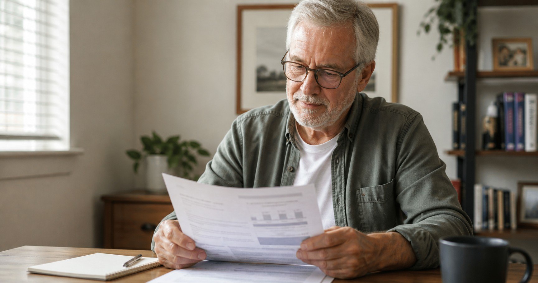 An older adult in reading glasses reviewing an account statement at a home desk, a notepad and mug nearby.