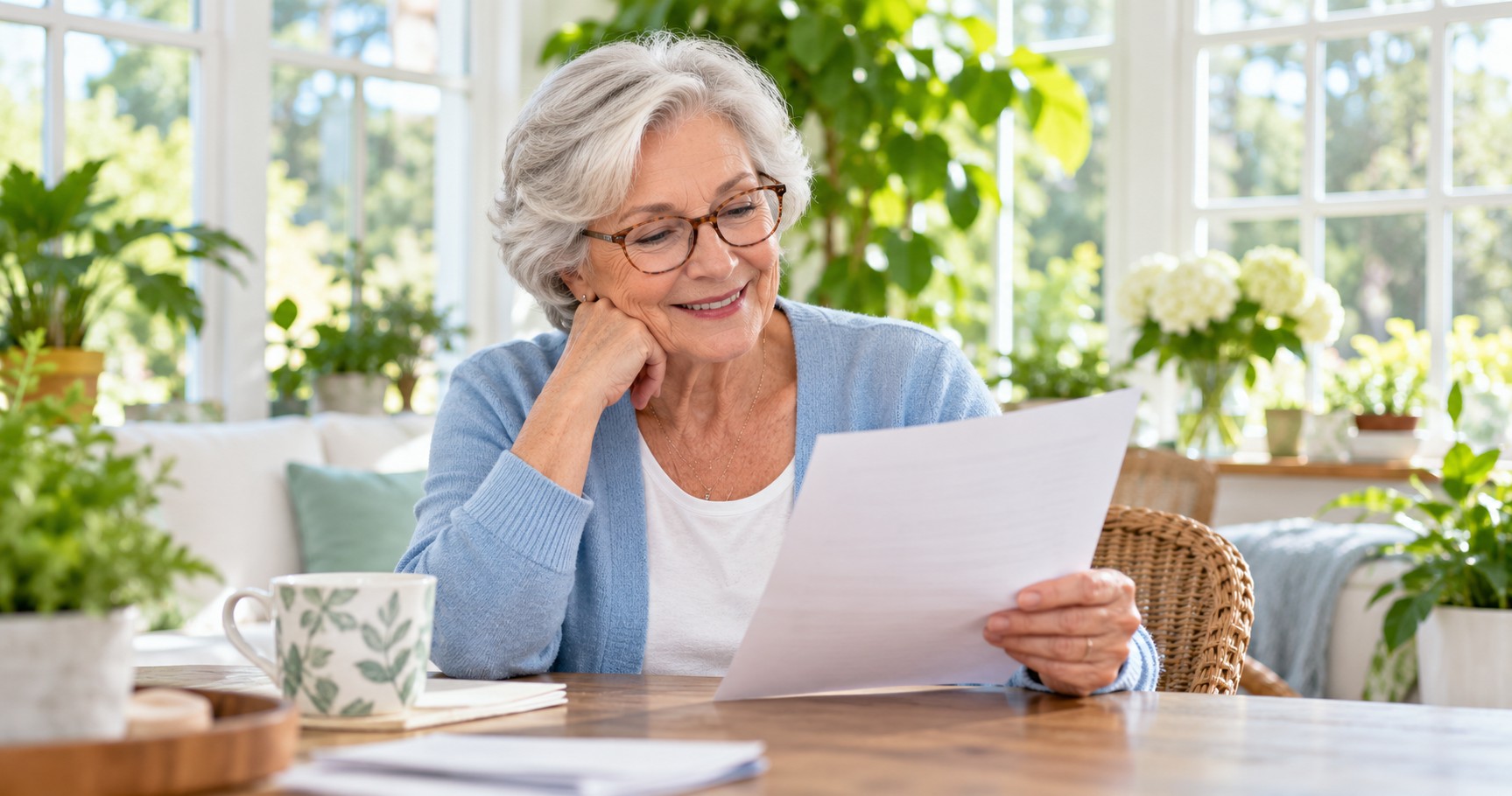 A woman in her seventies with reading glasses reviewing a page with a contented smile in a bright sunroom.