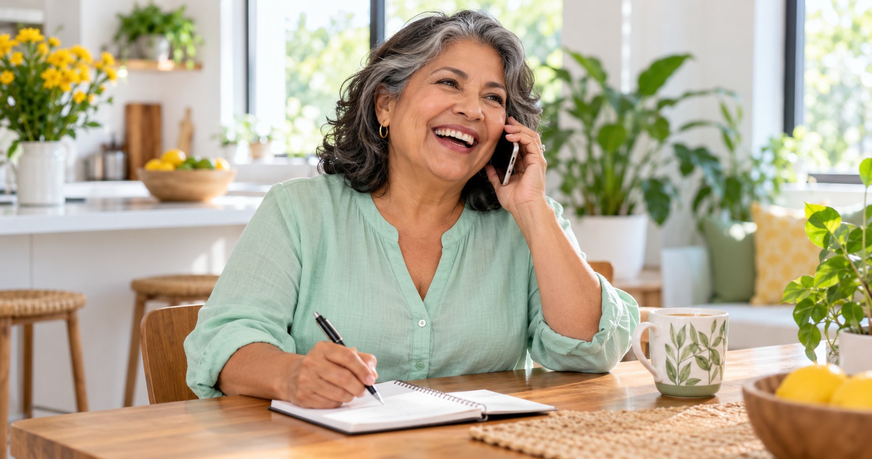 A woman around sixty laughing on a phone call at a bright kitchen table with a notepad.