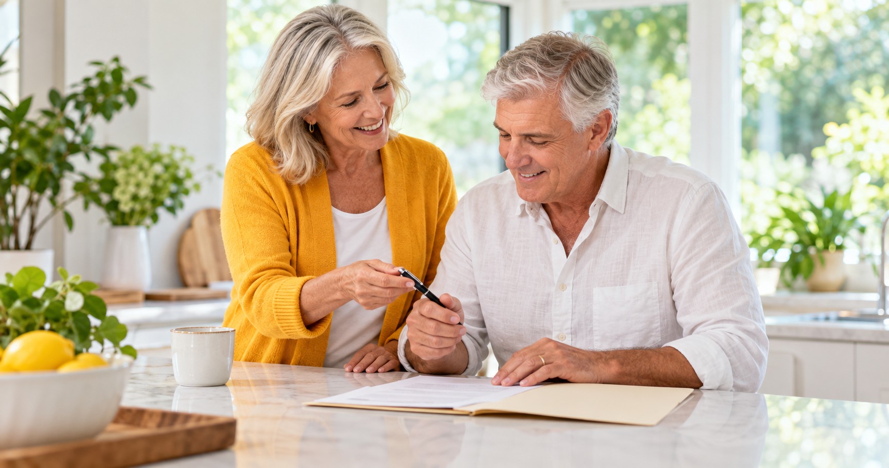 A couple in their early sixties at a bright kitchen island, one handing the other a pen to sign a form.
