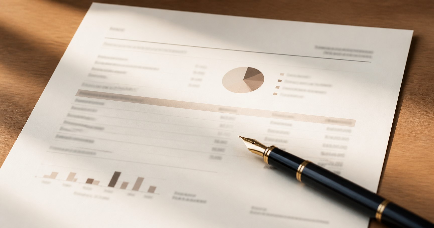 A close-up of a retirement account statement with a fountain pen resting across it, in warm directional light.