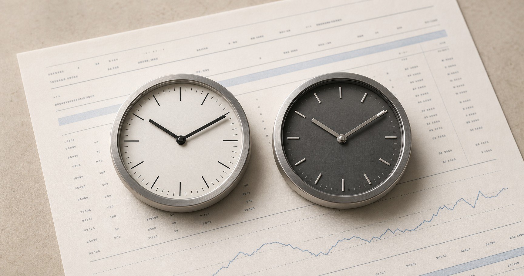 Two desk clocks side by side on a financial statement — one with a light face, one with a dark face.