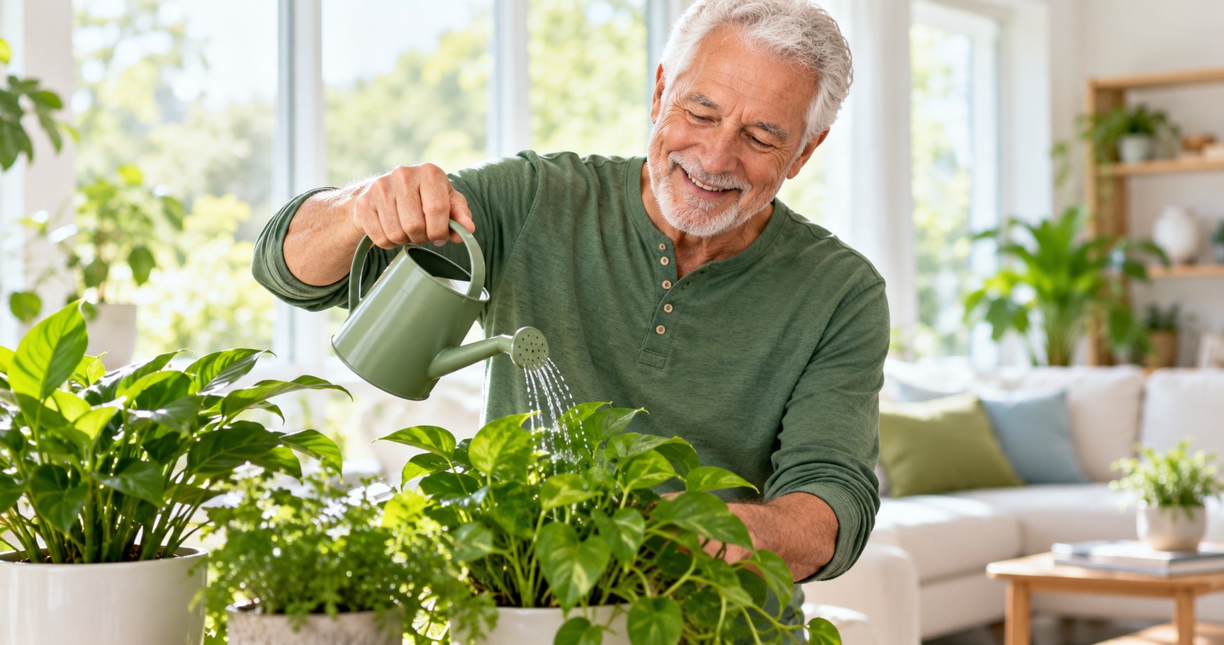 A man around seventy smiling while watering houseplants in a bright living room.