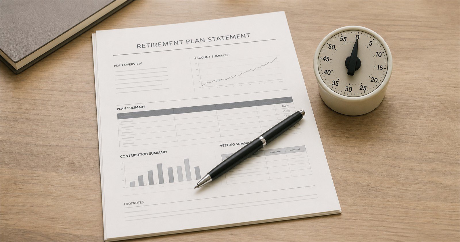A retirement plan statement with a pen resting across it beside a small analog kitchen timer on a home-office desk.