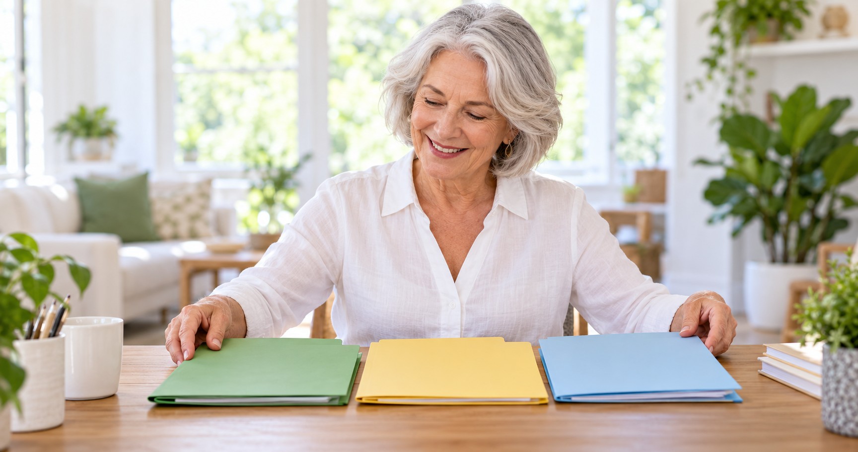 A woman in her sixties smiling as she lines up green, yellow and blue folders at a bright home desk.