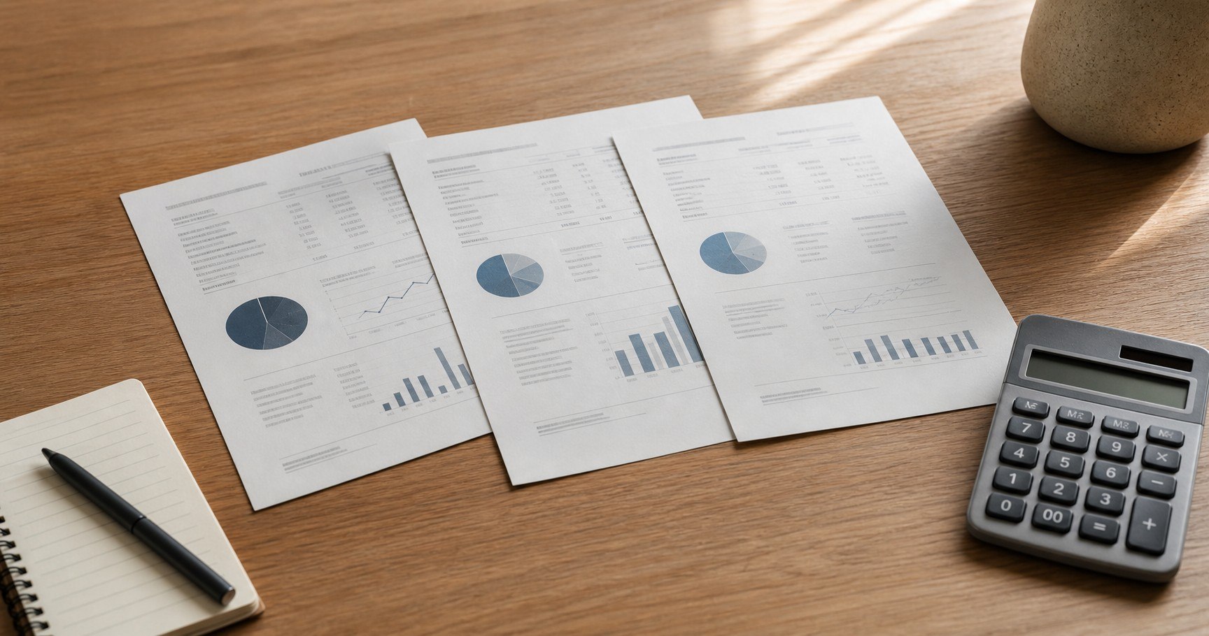 Three account statements fanned in order on a wood desk beside a notepad, a pen, and a desk calculator.