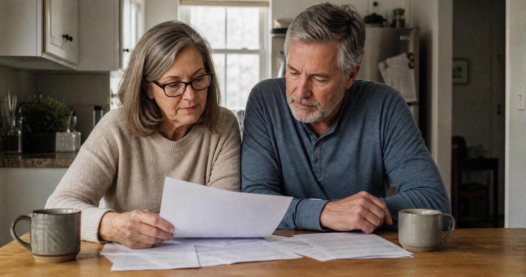 A couple in their sixties reading a benefit statement together at a kitchen table in soft window light.