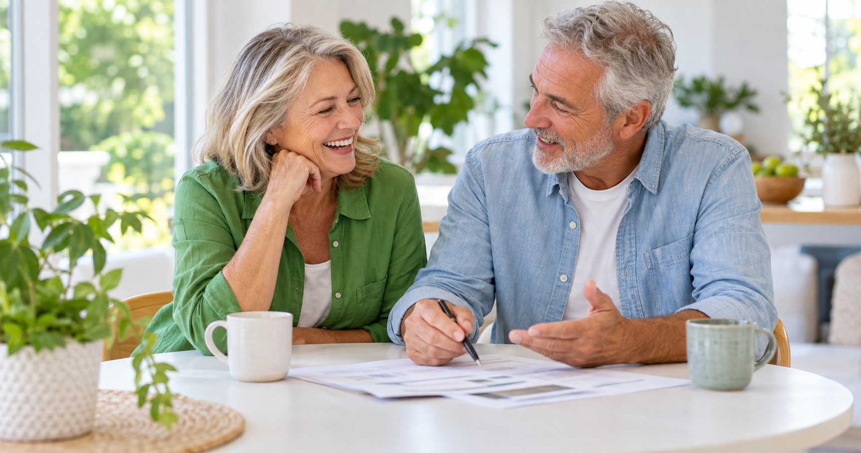 A couple in their sixties laughing together at a bright round table over a printed page.