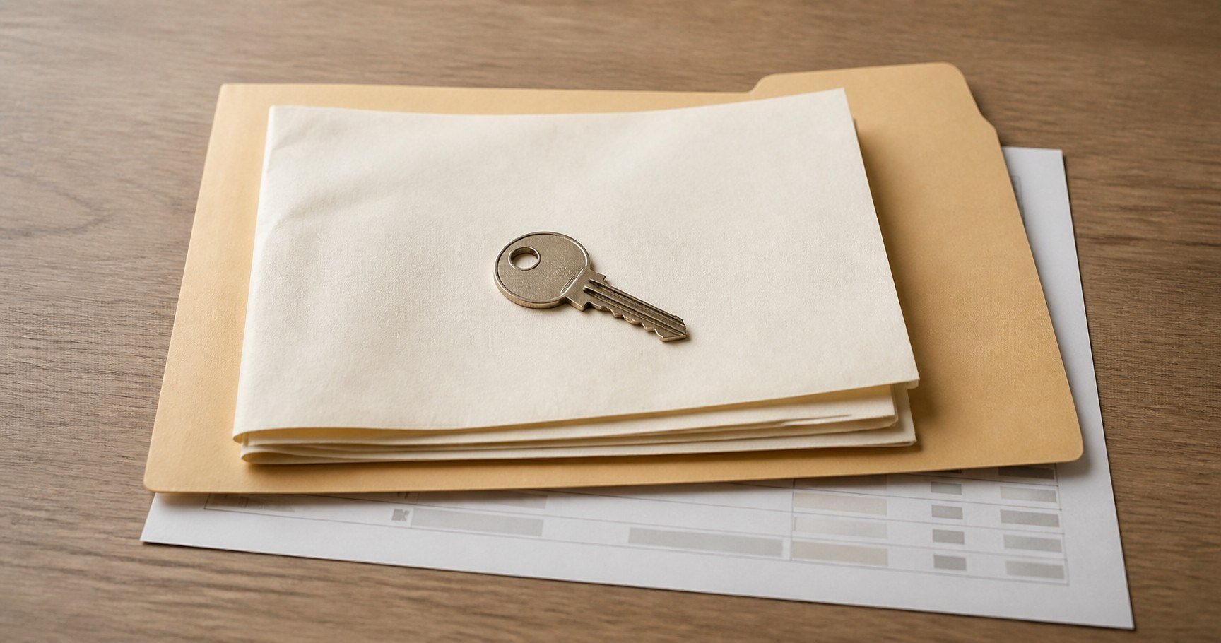 A house key resting on folded deed papers in an open manila estate folder, with a financial statement underneath on a wooden desk.