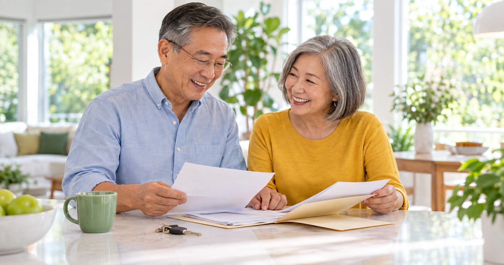 A brother and sister in their sixties sharing a warm smile while sorting papers at a bright kitchen table.