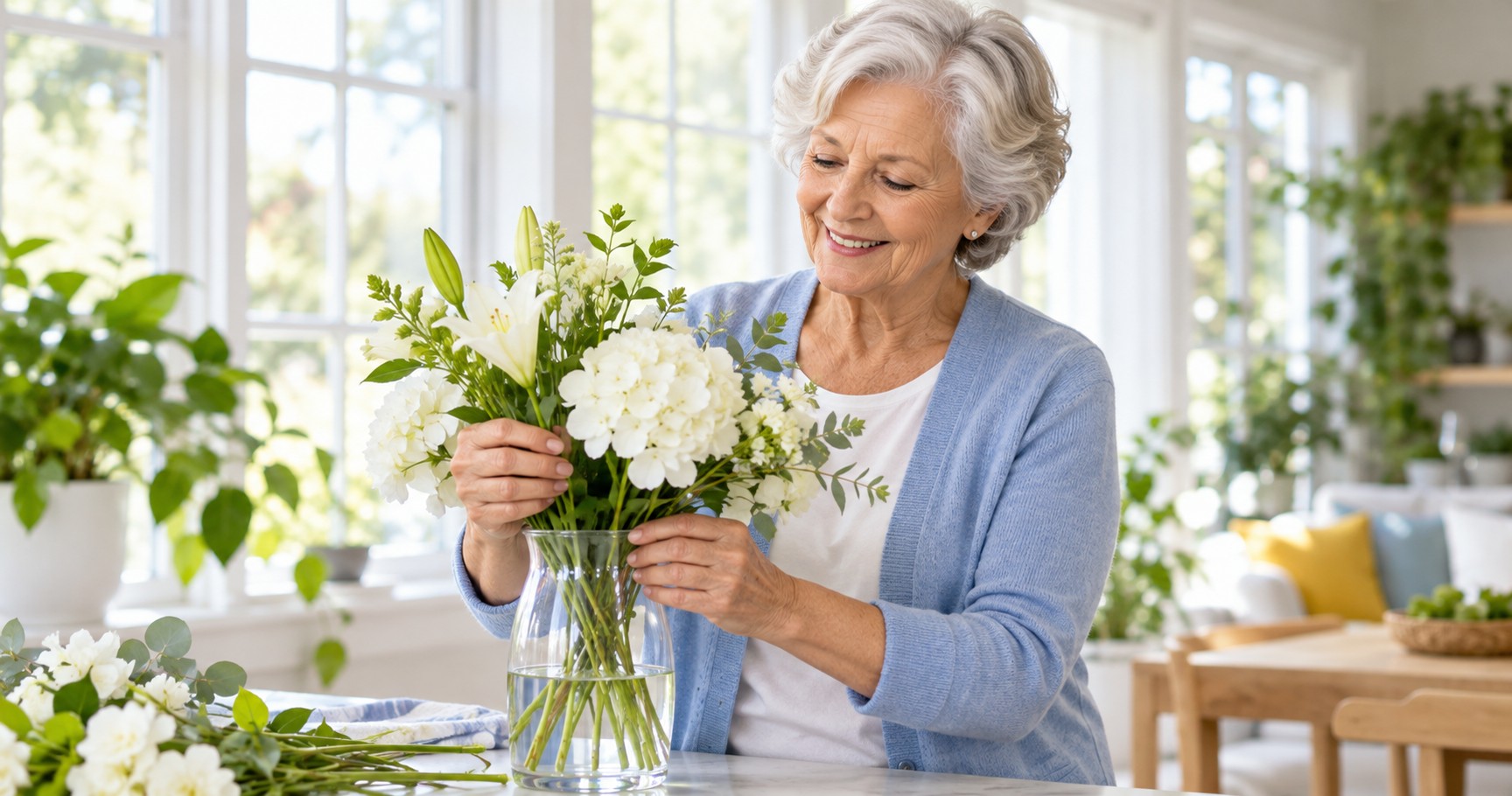 A woman in her seventies with a gentle smile arranging fresh flowers by a bright window.