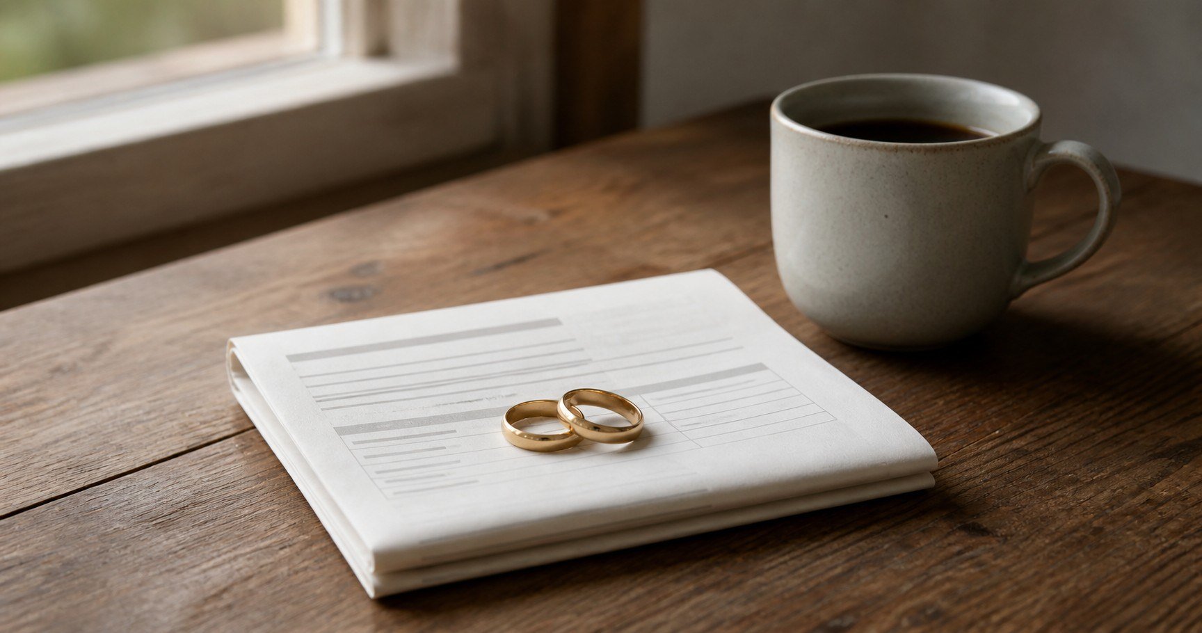 Two gold wedding bands resting on a folded benefit statement beside a single cup of coffee on a wooden table by a window.