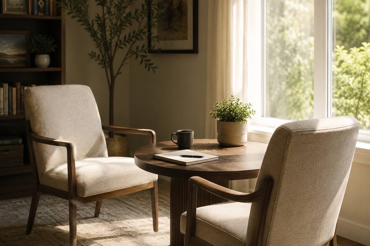 Two chairs at a small round table in afternoon window light — no one seated yet.
