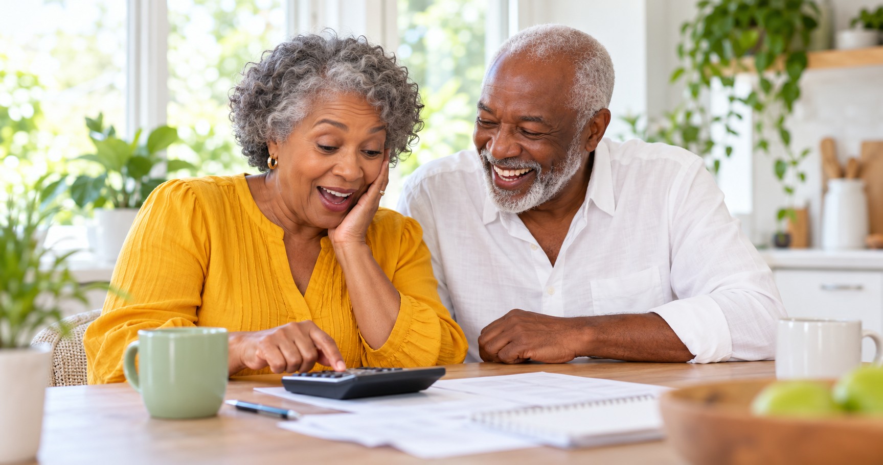 A couple in their late sixties reacting with amused surprise to a calculator at a bright kitchen table.