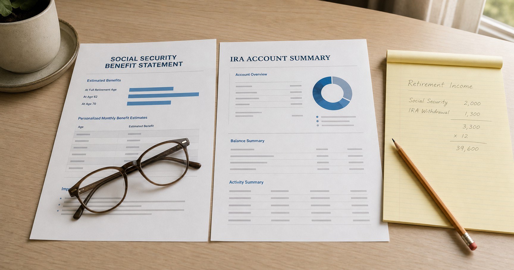 A Social Security benefit statement and an IRA account summary side by side on a desk, with a handwritten retirement-income tally on a yellow legal pad.