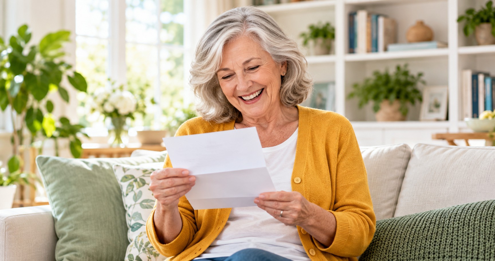 A retired teacher in her sixties smiling with delight at an opened letter in a bright living room.