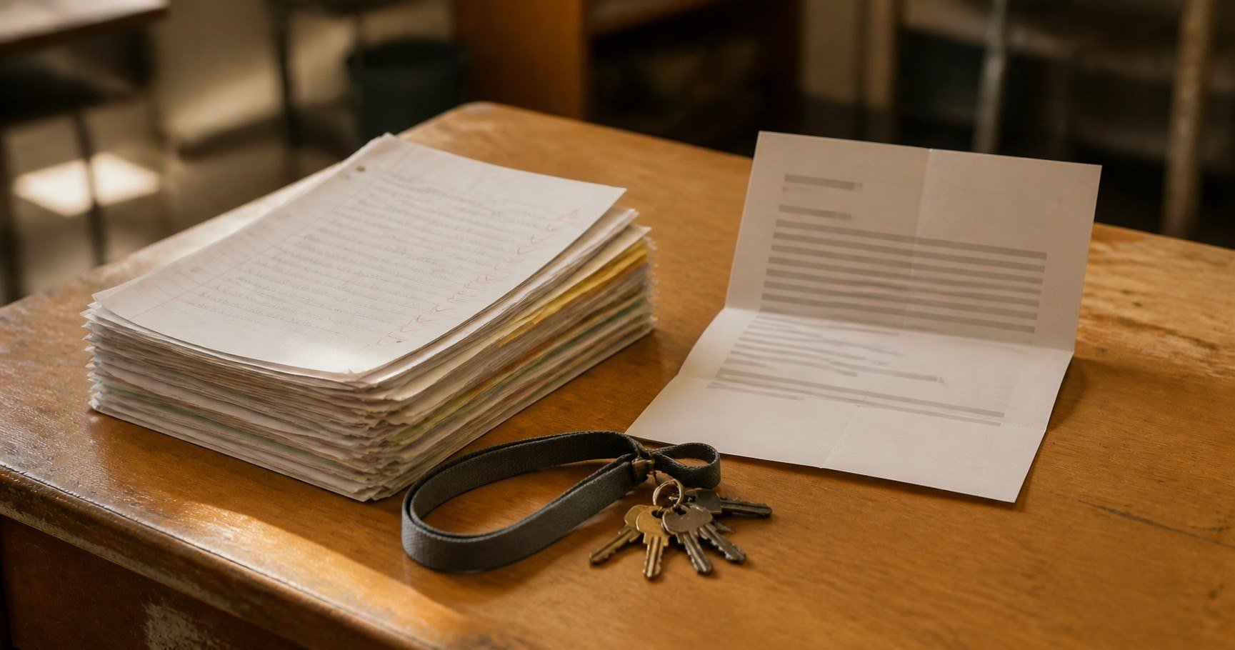 A stack of graded papers, a lanyard with keys, and an opened official letter on a worn wooden teacher's desk in late-afternoon light.