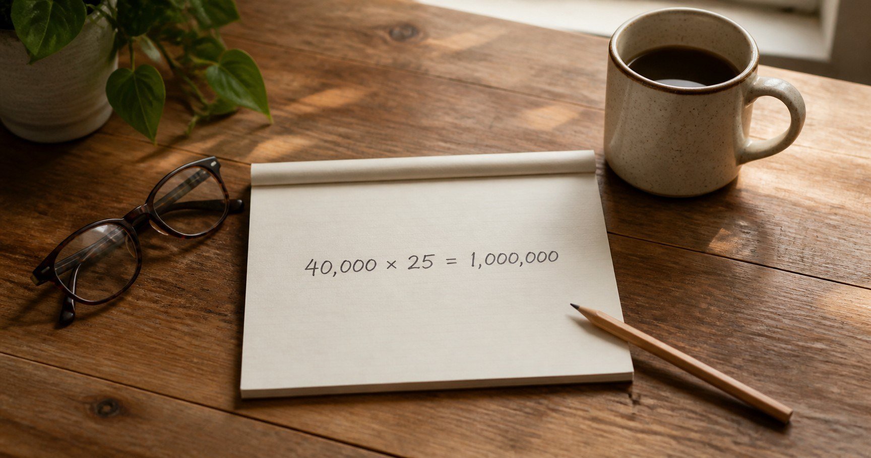 A notepad on a wooden kitchen table with the handwritten arithmetic 40,000 x 25 = 1,000,000, beside reading glasses, a pencil, and a mug of coffee in morning light.